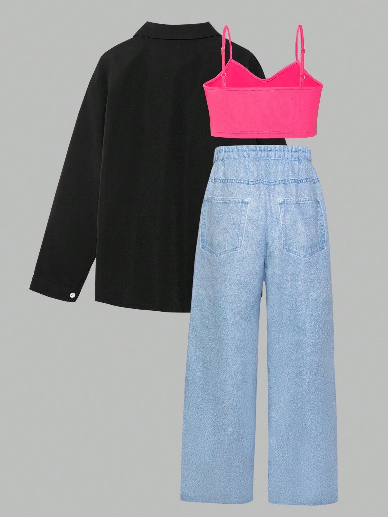 3pcs/Set Tween Girl Casual Open Front Shirt And Wide Leg Jeans Outfit With Vest