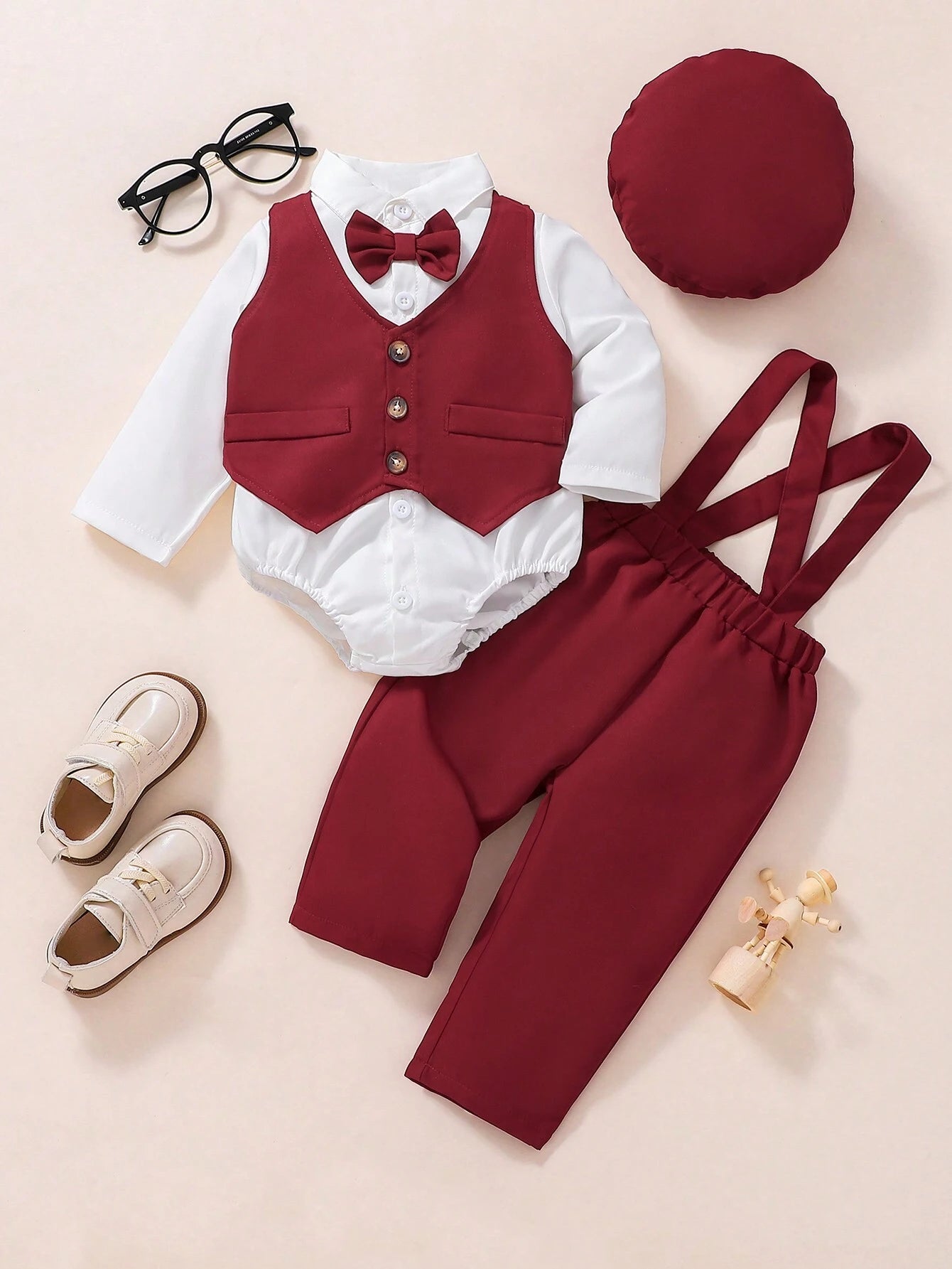 Multiple Pieces Baby Boy's Gentleman Style Buttoned Shirt With Bowtie, Suspender & Long Pants Burgundy