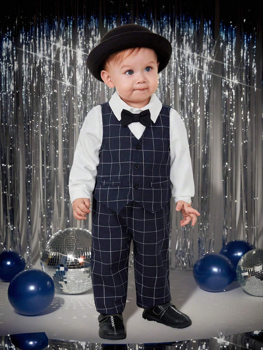 4pcs Baby Boy Plaid Vest, Elastic Waist Pants, Collared Shirt & Bow Tie Set Blue & White