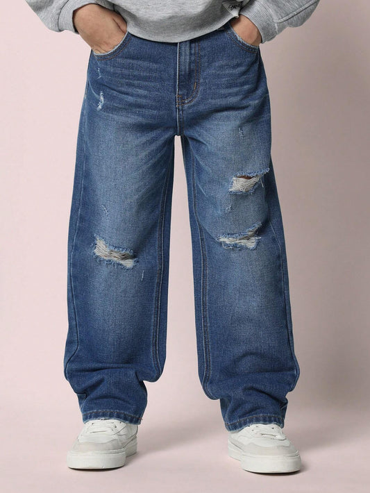 Tween Boys Boys Relaxed Baggy Fit Authentic Wash Distressed Jean Medium Wash
