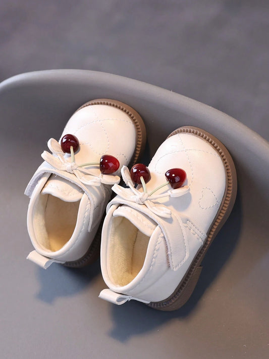 1 Pair Girls Bow-Knot Cherry Princess Shoes, PU Leather Waterproof Children Leather Boots Beige