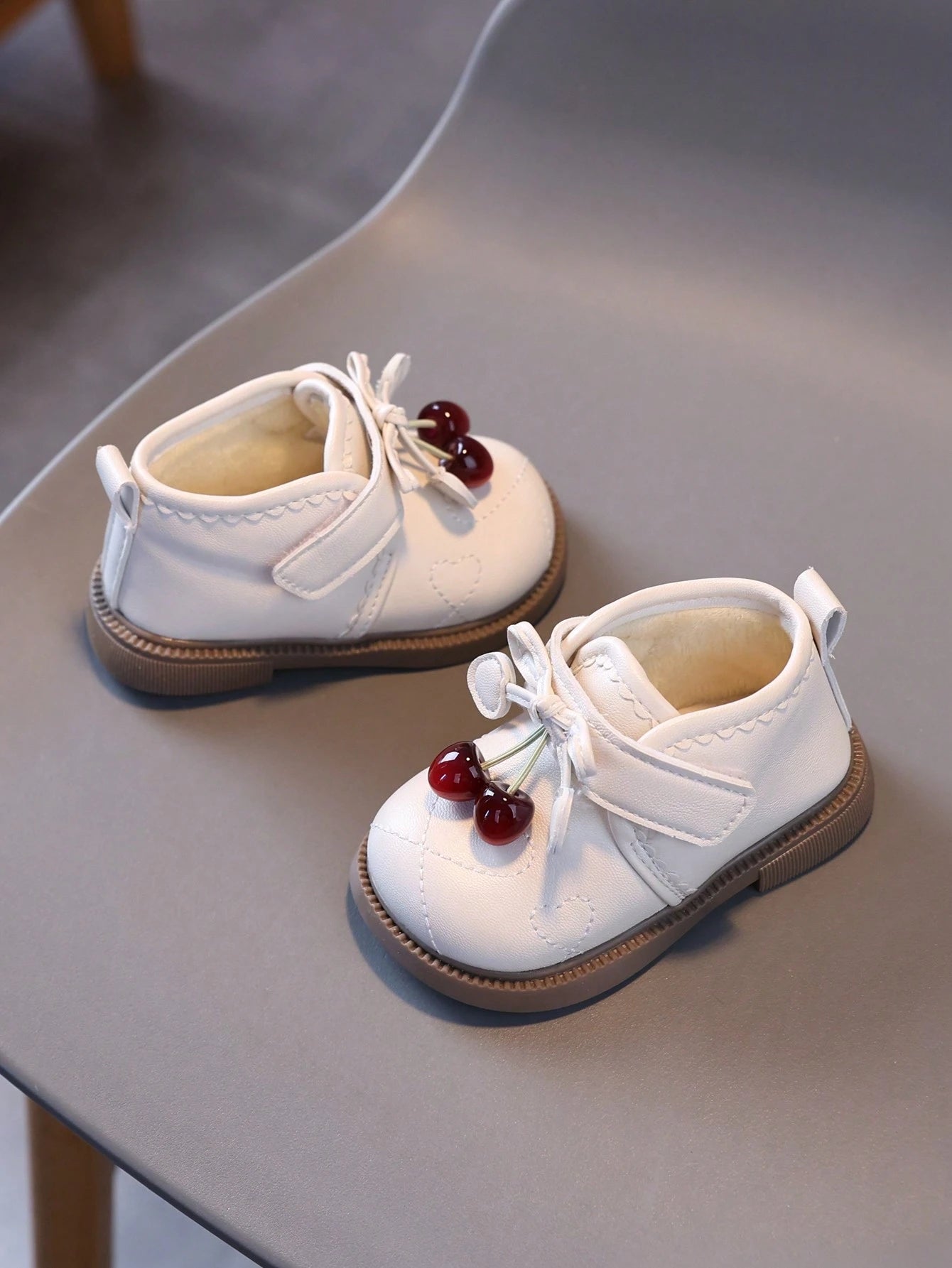 1 Pair Girls Bow-Knot Cherry Princess Shoes, PU Leather Waterproof Children Leather Boots