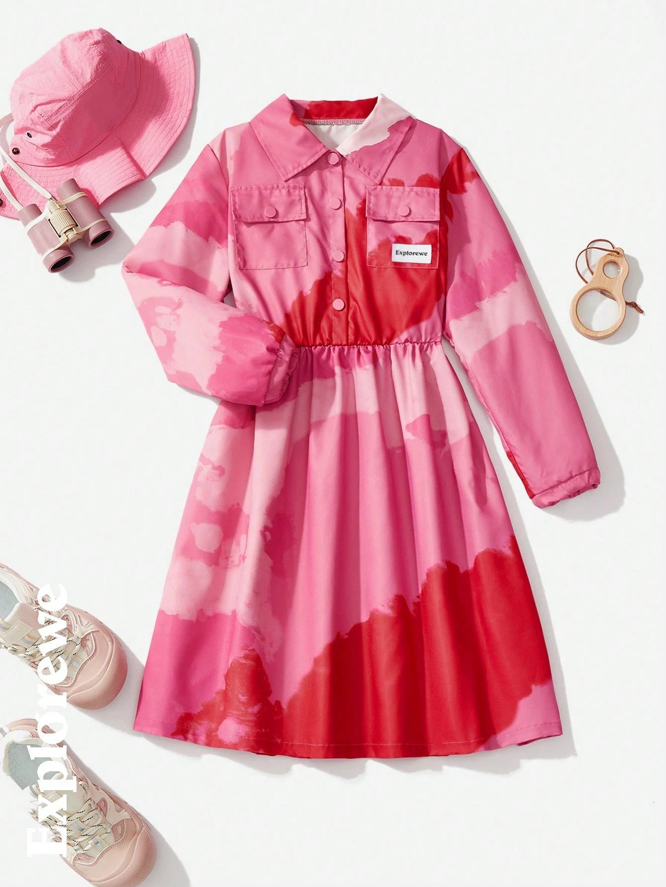 1pc Girls Fashion Digital Printing Pink Casual Flowing Shirt Dress