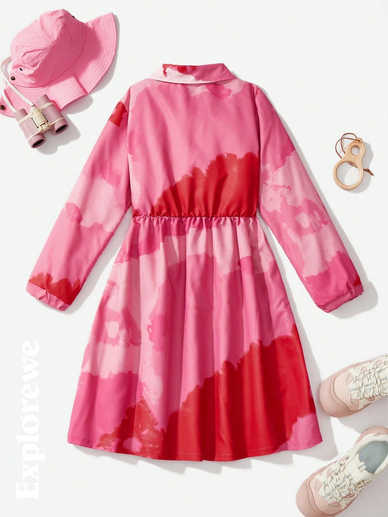 1pc Girls Fashion Digital Printing Pink Casual Flowing Shirt Dress