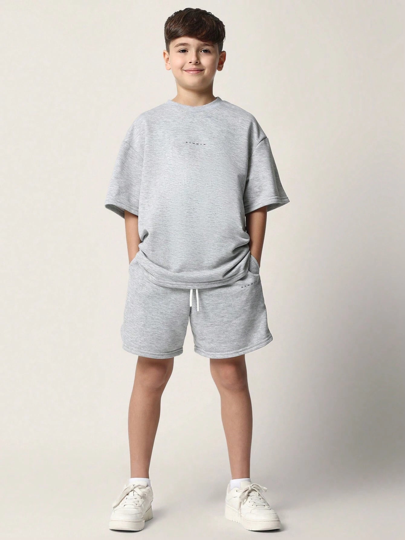 Tween Boys Oversized Fit Essential Tee And Drop Crotch Short 2 Piece Set Grey