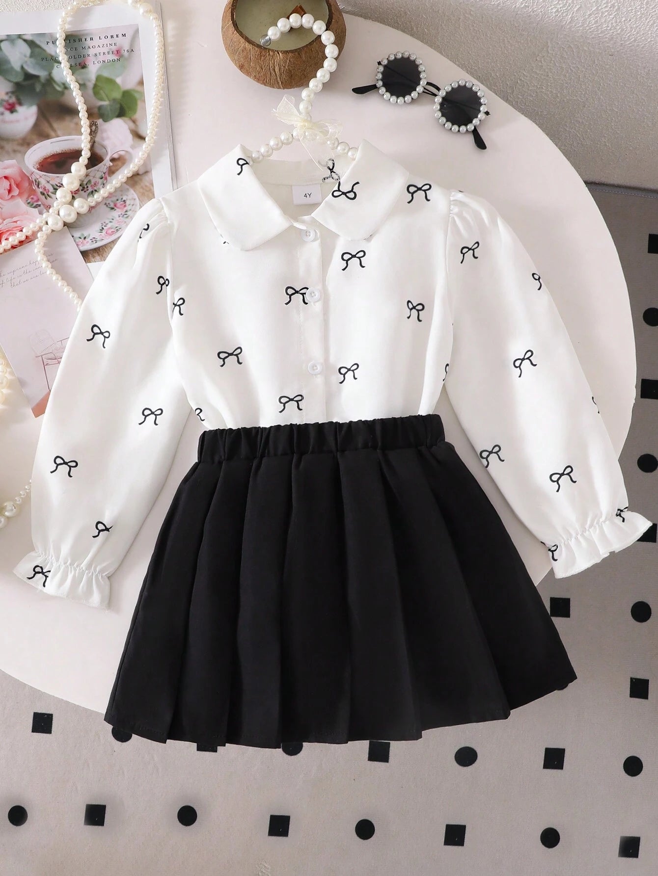 2pcs/Set Young Girl Bow-Tie Print Casual Shirt & Pleated Skirt Multicolor