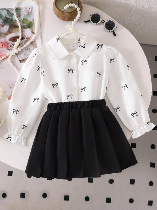 2pcs/Set Young Girl Bow-Tie Print Casual Shirt & Pleated Skirt Multicolor