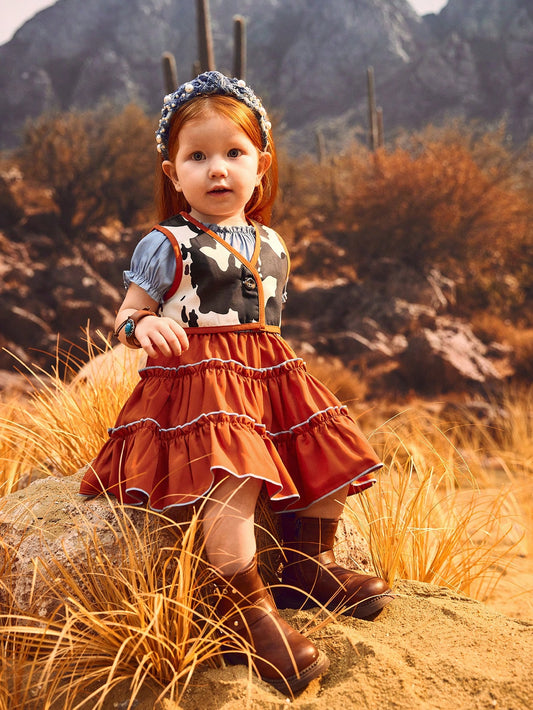 2pcs Baby Girls Retro American Elegant Western Vacation Cow Print Ruffle Sleeve Dress Multicolor