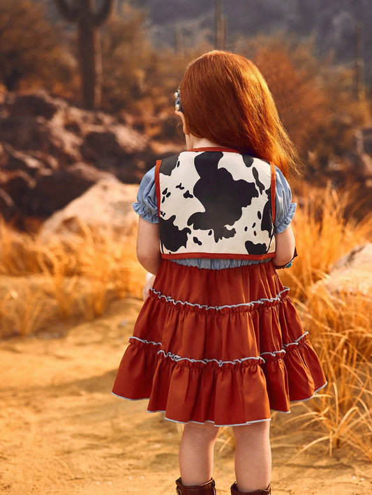 2pcs Baby Girls Retro American Elegant Western Vacation Cow Print Ruffle Sleeve Dress