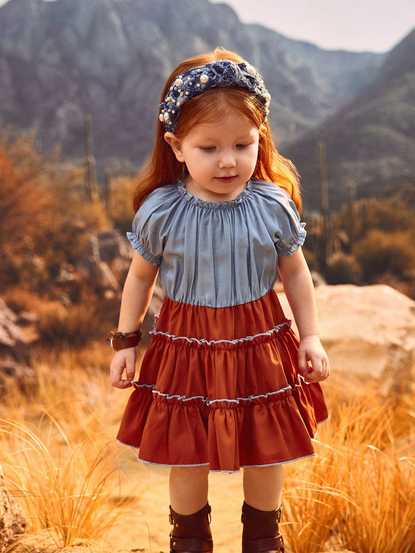 2pcs Baby Girls Retro American Elegant Western Vacation Cow Print Ruffle Sleeve Dress