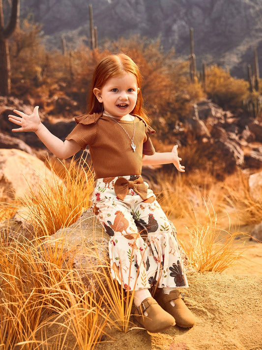 2pcs/Set Baby Girls Casual Everyday Vintage Elegant Cute Funny Watercolor Effect Farm Animal Chicken Print Overall Jumpsui Rust Brown