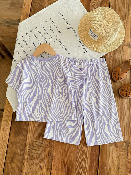 Cute Knit Purple Zebra Stripe Short Sleeve T-Shirt & Elastic Waist Pants
