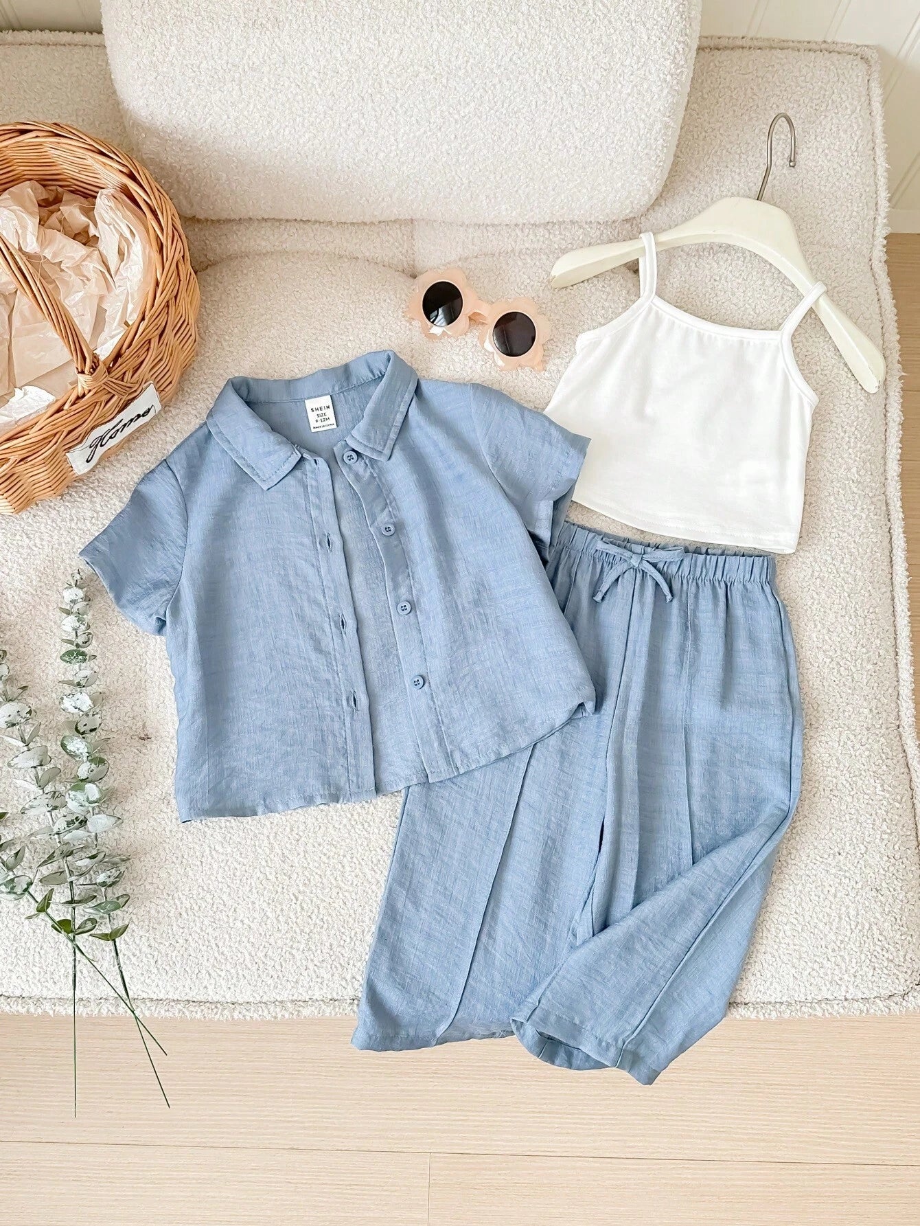 3pcs/Set Baby Girl Casual Outfit Includes Solid Color Short Sleeve Shirt