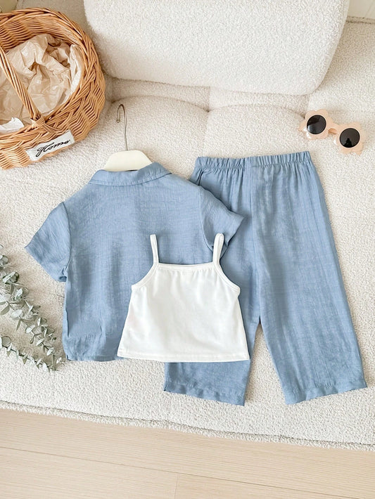 3pcs/Set Baby Girl Casual Outfit Includes Solid Color Short Sleeve Shirt