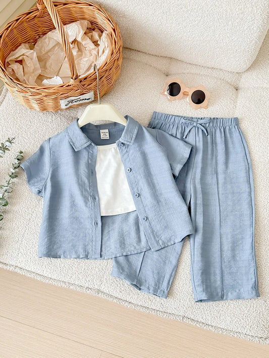 3pcs/Set Baby Girl Casual Outfit Includes Solid Color Short Sleeve Shirt Blue
