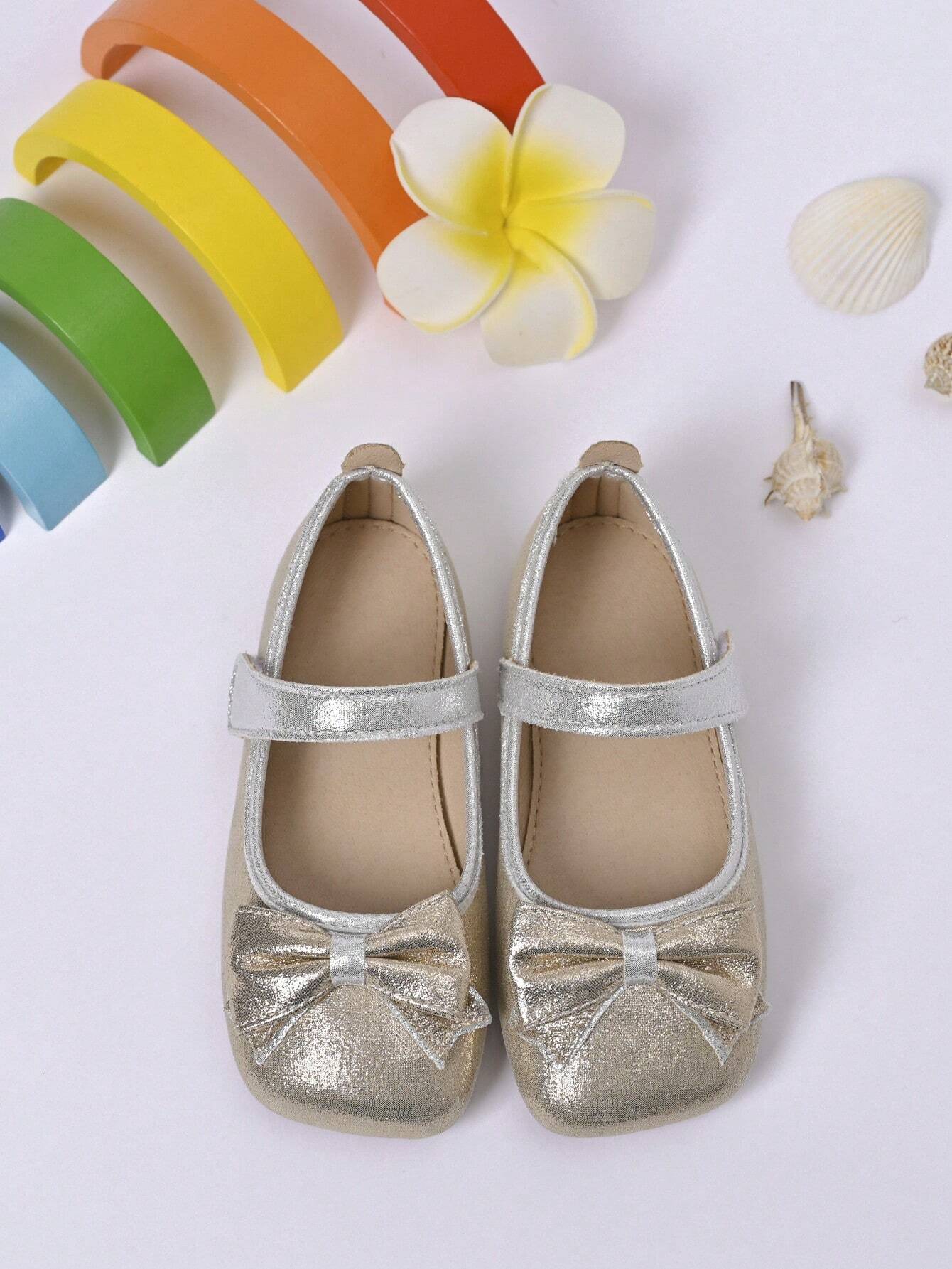 Girls Bow Decor Square Toe Mary Jane Flats Gold