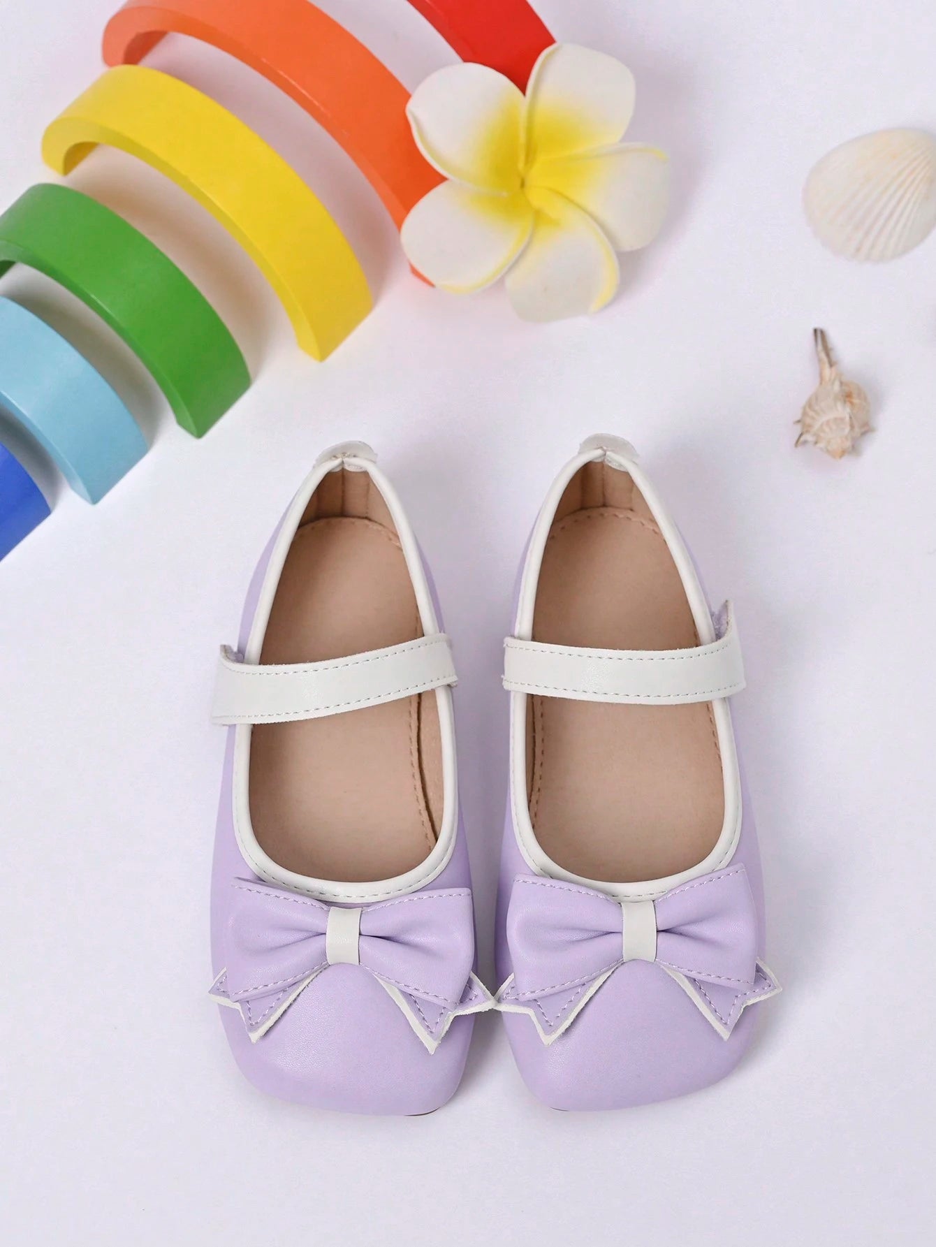 Girls Bow Decor Square Toe Mary Jane Flats Mauve Purple