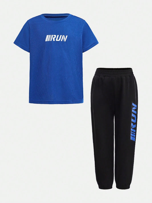 4T Boys' Outfit Set: Round Neck Short Sleeve Top And Black Breathable Sweat-Wicking Workout Pants