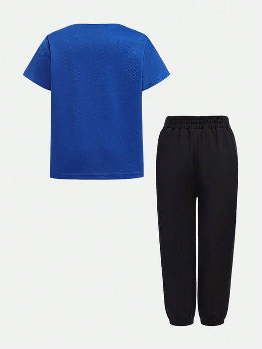4T Boys' Outfit Set: Round Neck Short Sleeve Top And Black Breathable Sweat-Wicking Workout Pants