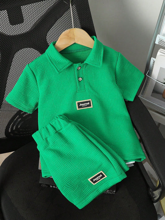 2pcs/Set Boy Casual Short Sleeve Polo Shirt With Letter Print And Shorts Green