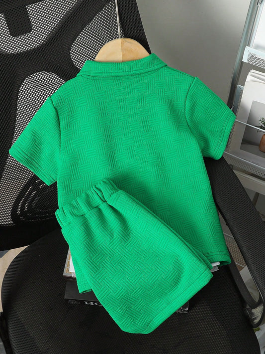 2pcs/Set Boy Casual Short Sleeve Polo Shirt With Letter Print And Shorts