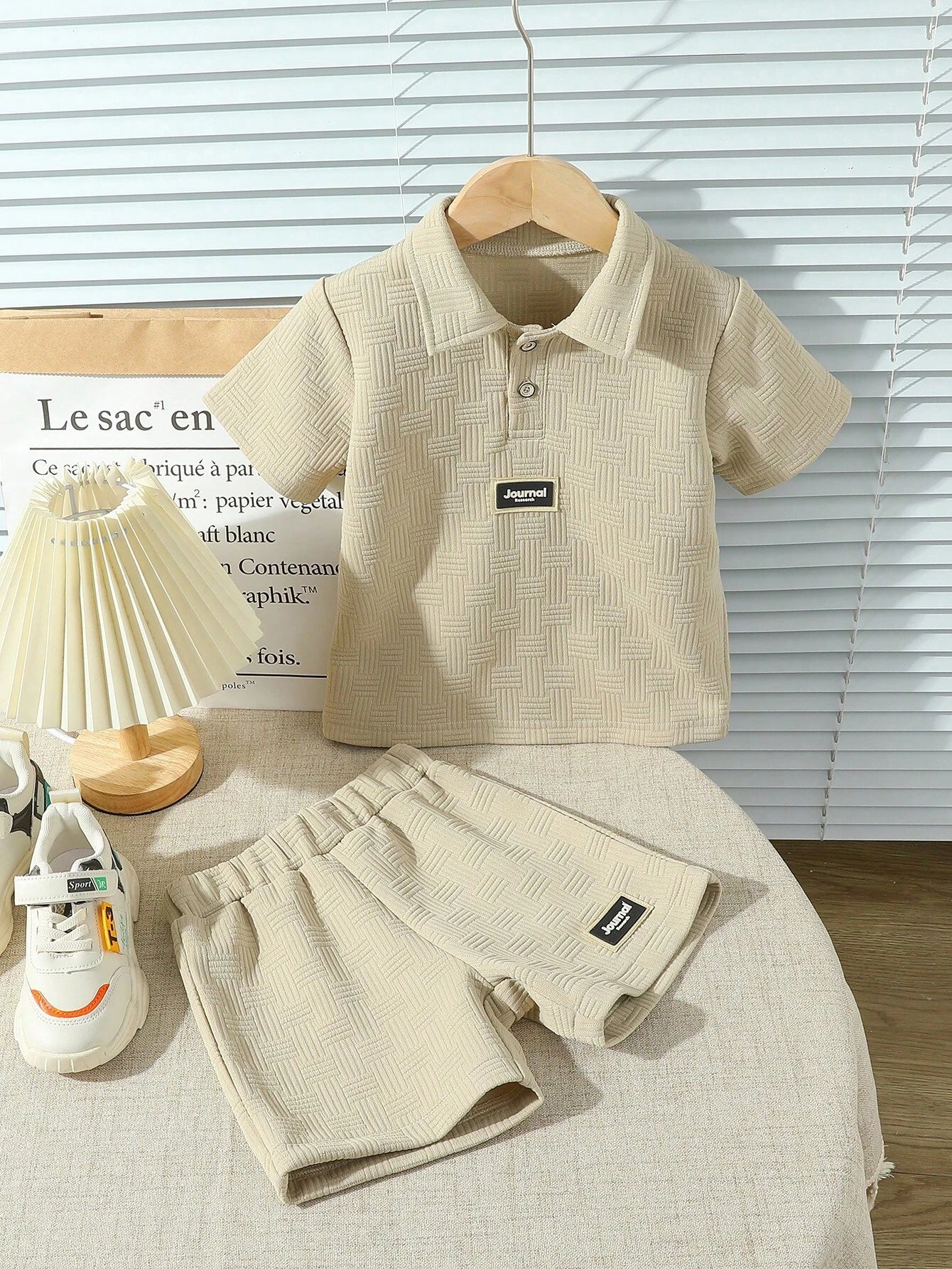 2pcs/Set Boy Casual Short Sleeve Polo Shirt With Letter Print And Shorts Khaki