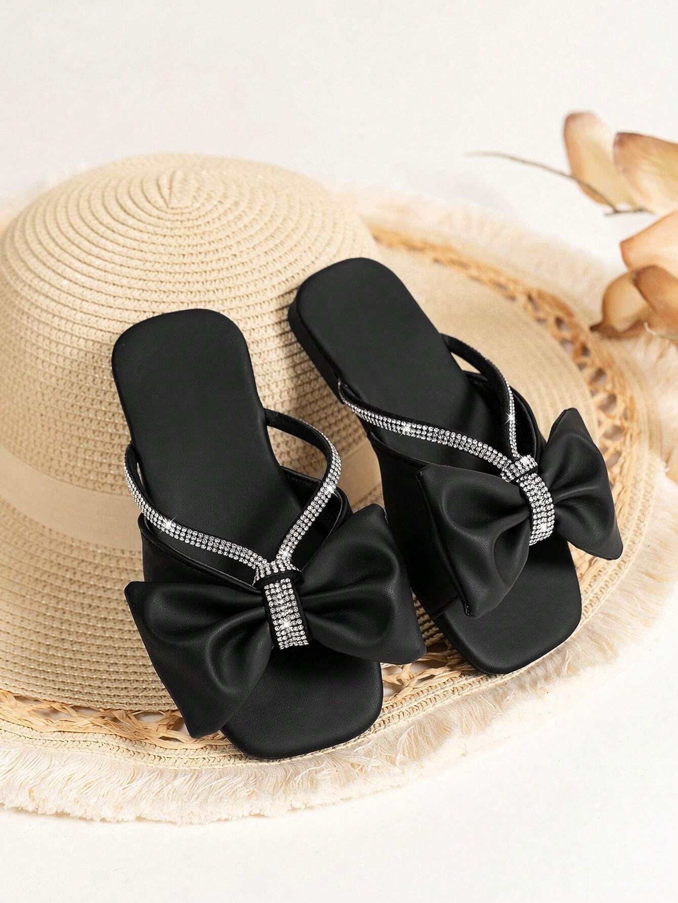 Children's Fashionable Casual Cute Bow Tie Open Toe Slides Black