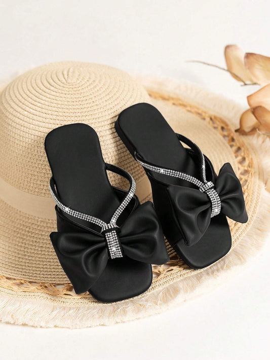 Children's Fashionable Casual Cute Bow Tie Open Toe Slides Black