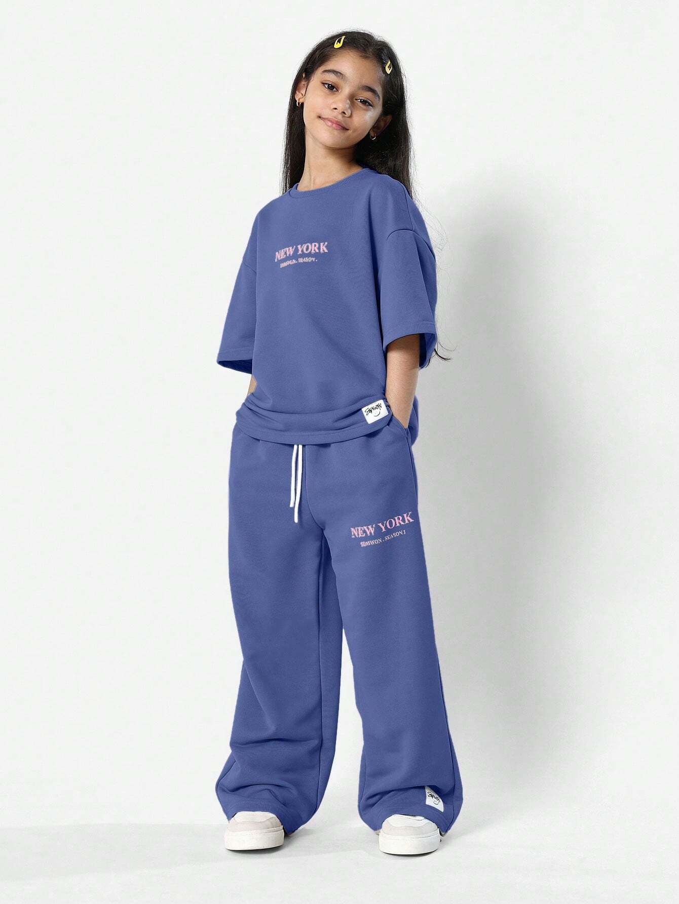 Tween Girls Everyday Oversized Tee And Loose Fit Jogger With New York Graphic Print Royal Blue