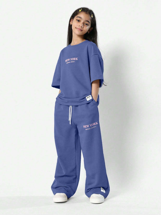 Tween Girls Everyday Oversized Tee And Loose Fit Jogger With New York Graphic Print Royal Blue