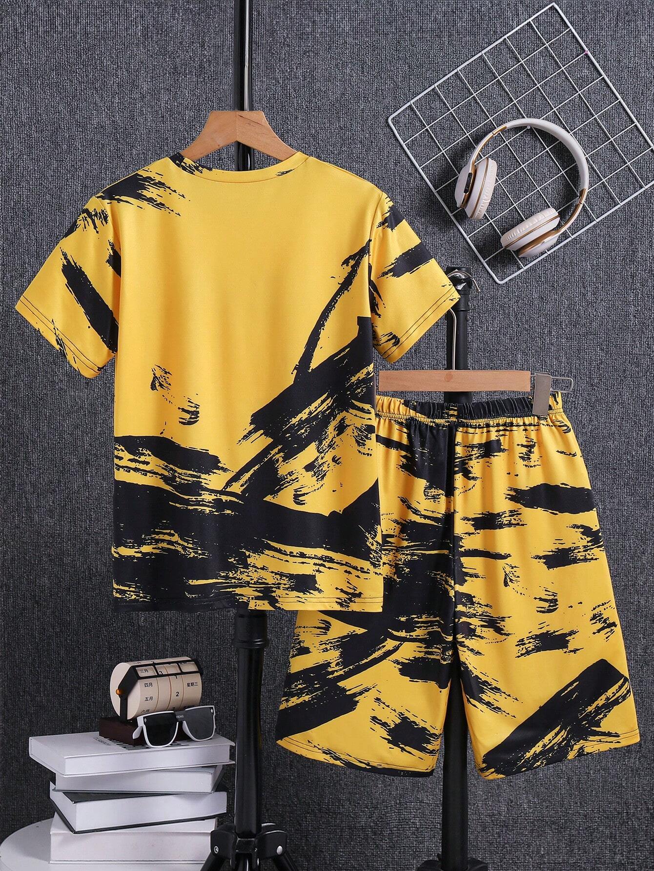 Tween Boy Fashionable Graffiti Ink Print Short Sleeve Tee & Shorts Set