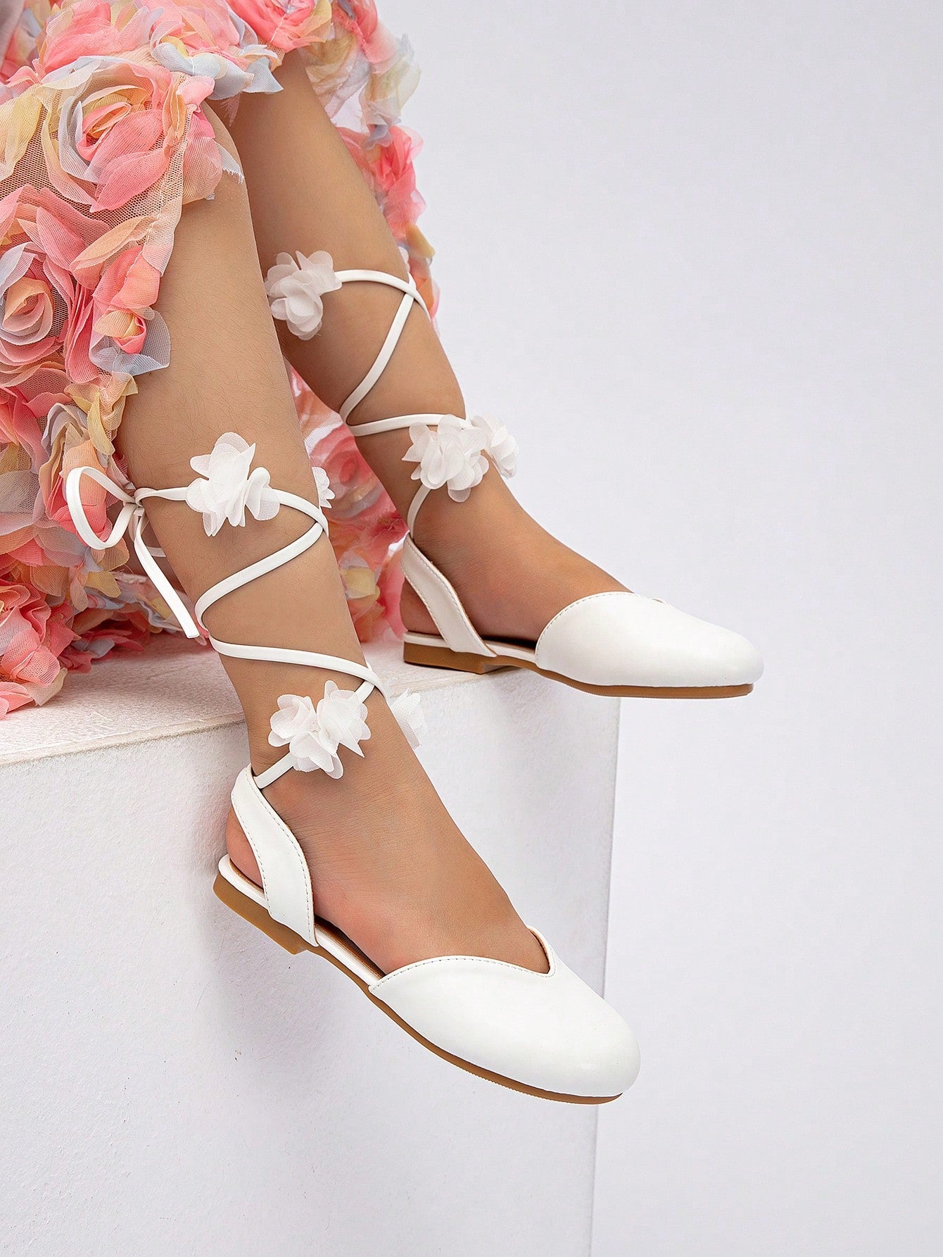 Girls Princess Style Ribbon Tie Round Toe Flat Shoes