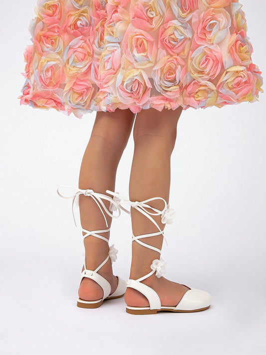 Girls Princess Style Ribbon Tie Round Toe Flat Shoes
