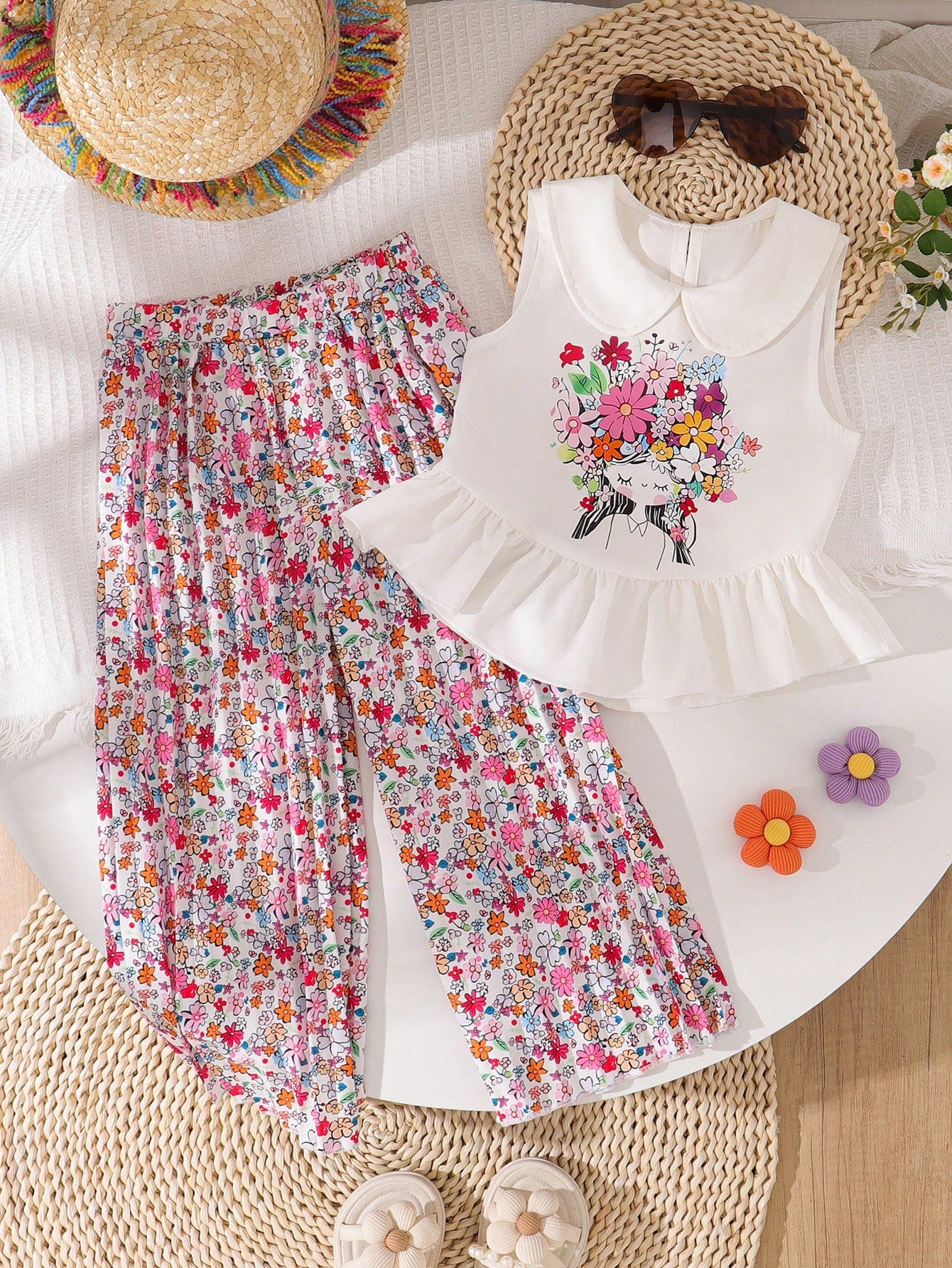 2pcs Girls Floral Print Outfit, Sleeveless Collared Top Paired With Wide Leg Printed Pants Multicolor