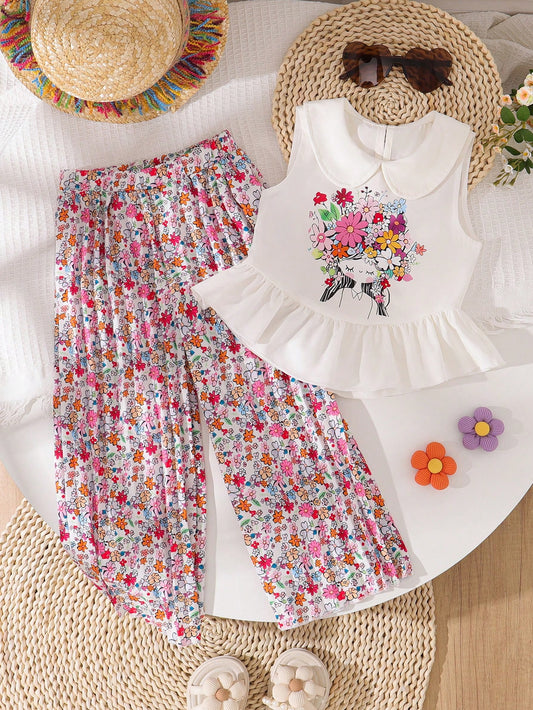 2pcs Girls Floral Print Outfit, Sleeveless Collared Top Paired With Wide Leg Printed Pants Multicolor