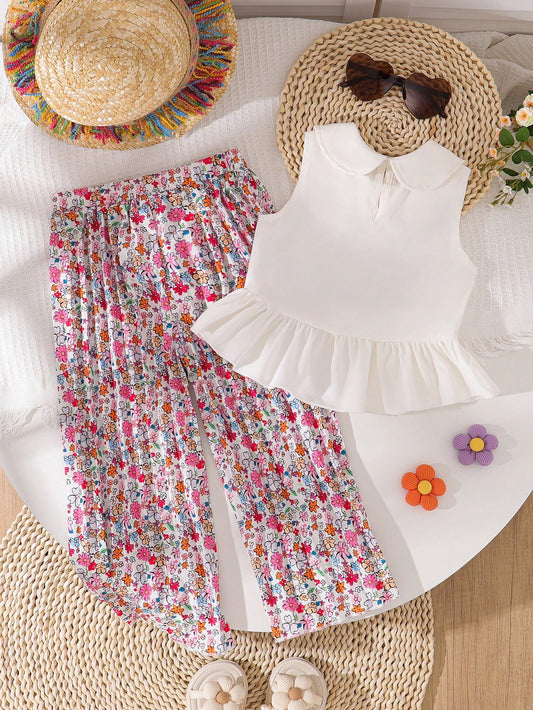2pcs Girls Floral Print Outfit, Sleeveless Collared Top Paired With Wide Leg Printed Pants