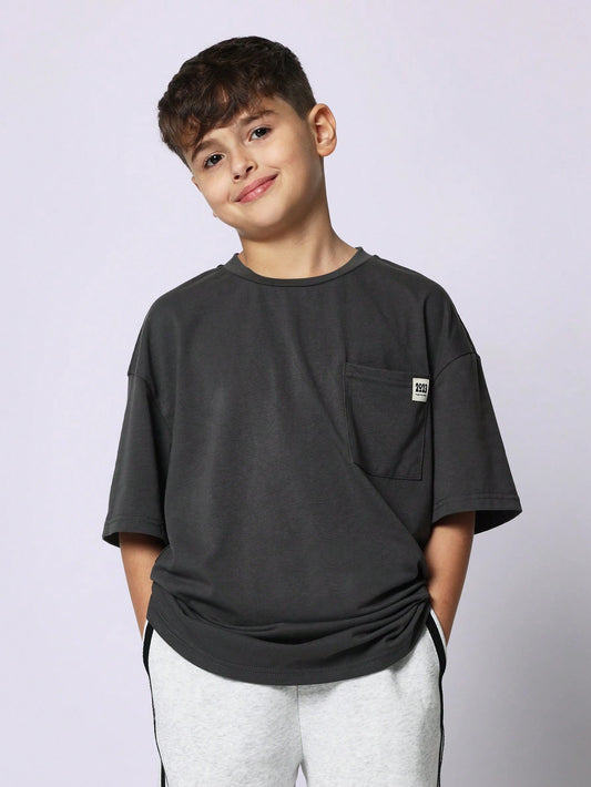Tween Boys Comfy Oversized Fit Short Sleeve Tee With Pocket Dark Grey