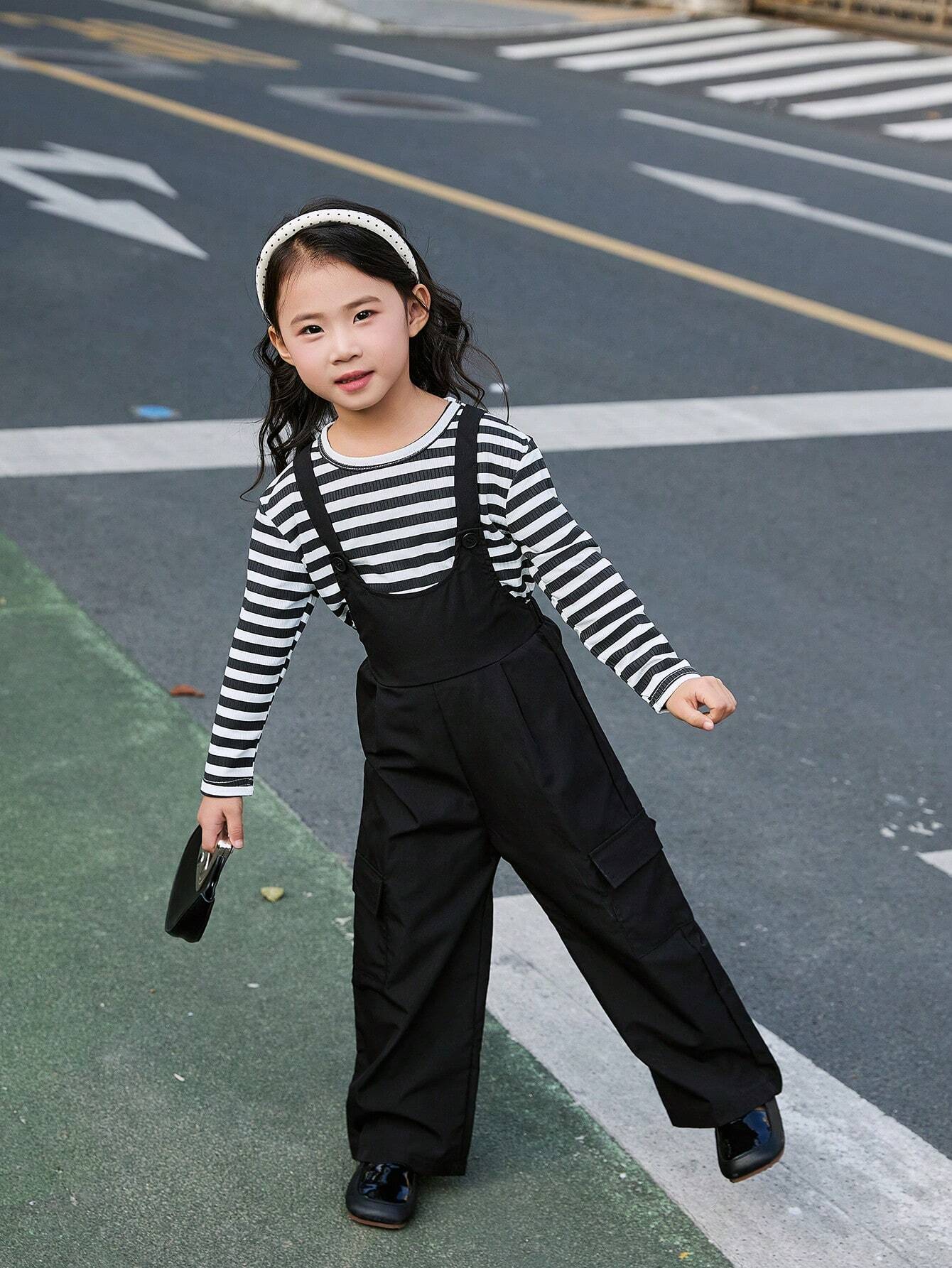 Young Girls 2pcs Set: Graphic Striped Crew Neck Long Sleeve T-Shirt With Loose Overall Pants
