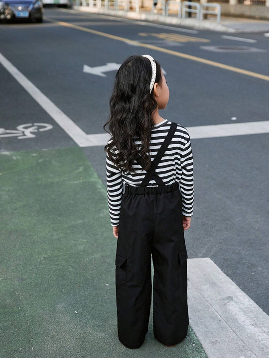 Young Girls 2pcs Set: Graphic Striped Crew Neck Long Sleeve T-Shirt With Loose Overall Pants