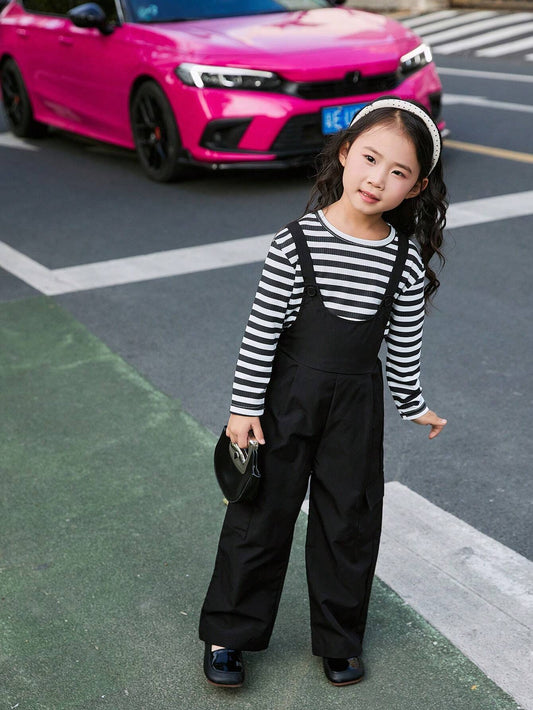 Young Girls 2pcs Set: Graphic Striped Crew Neck Long Sleeve T-Shirt With Loose Overall Pants Black & White