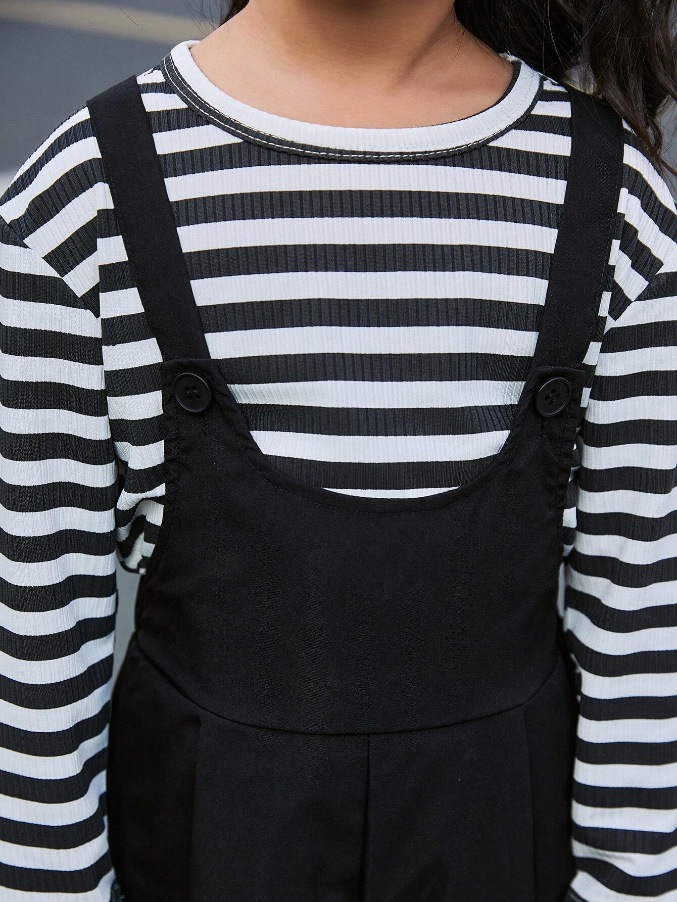 Young Girls 2pcs Set: Graphic Striped Crew Neck Long Sleeve T-Shirt With Loose Overall Pants