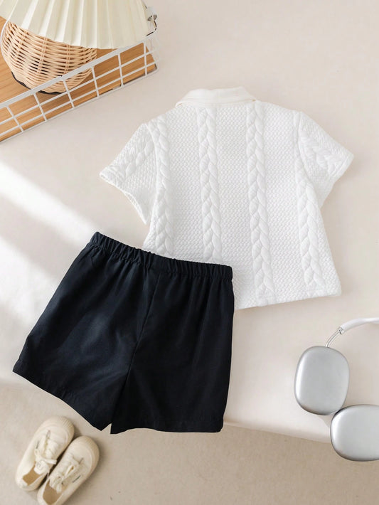 Baby Boy Cute 2 In 1 Polo Shirt & Elastic Waist Shorts Set