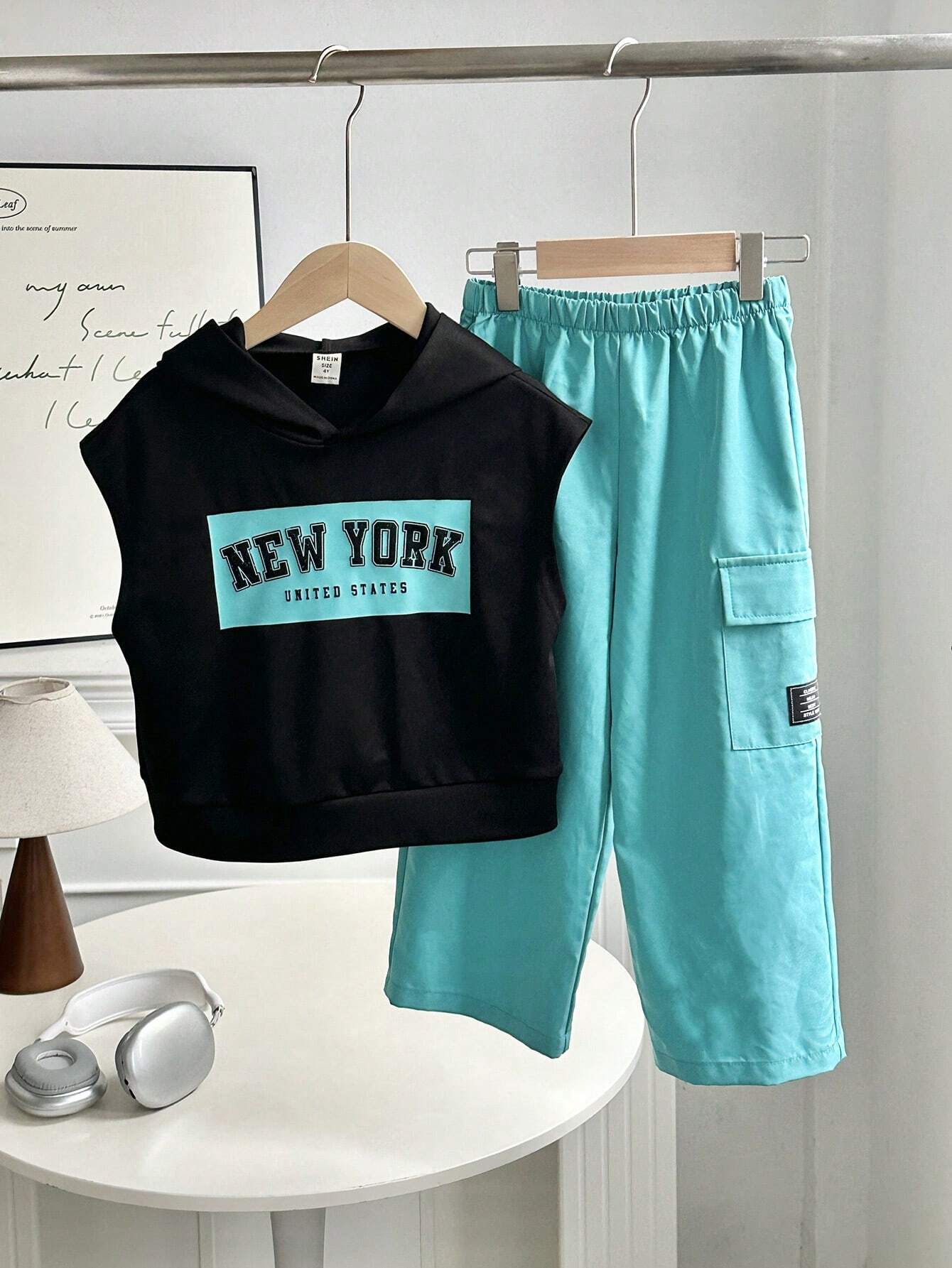 2pcs/Set Kids Boys Casual Korean Style Letter Print Raglan Hoodie And Wide Leg Sweatpants