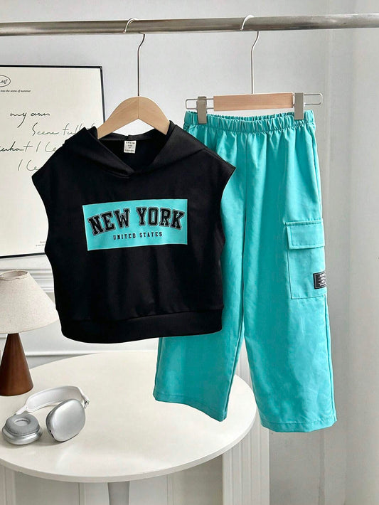 2pcs/Set Kids Boys Casual Korean Style Letter Print Raglan Hoodie And Wide Leg Sweatpants