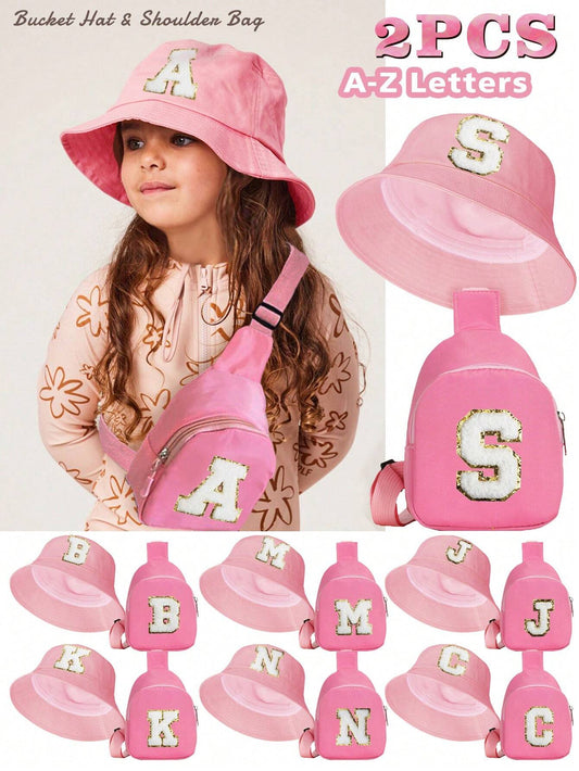 2pcs/Set Kids 26 Letters Bucket Hat And Bag Set