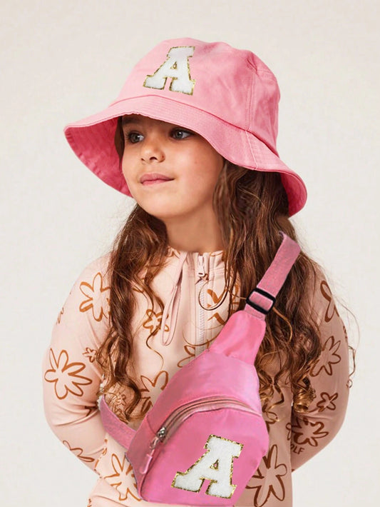 2pcs/Set Kids 26 Letters Bucket Hat And Bag Set Pink