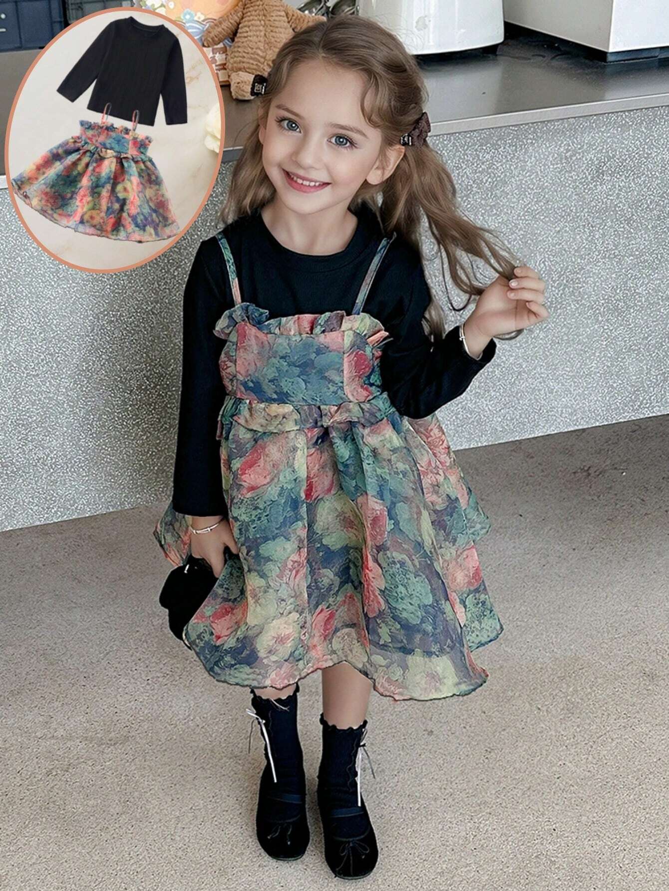 Young Girl 2pcs Outfit Cute Cami Dress & Long Sleeve T-Shirt Set