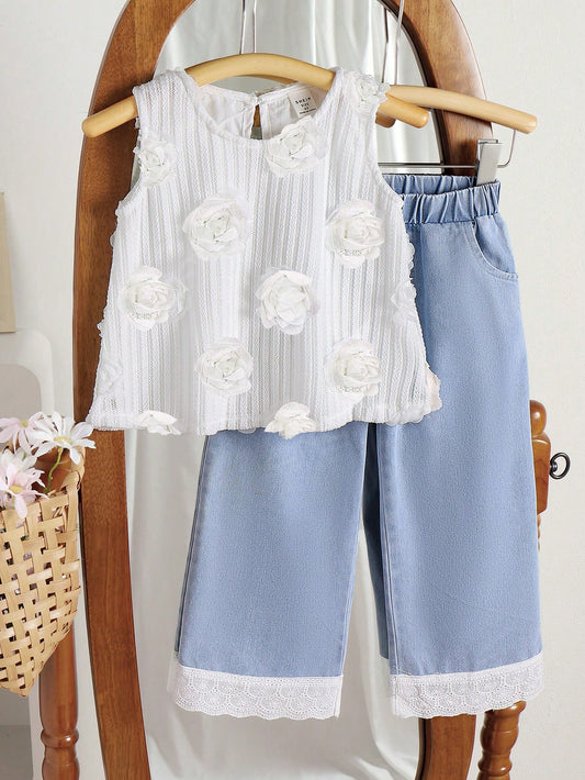 Young Girl' Elegant Countryside Floral Printed Vest Top And Ruffled Light Blue Denim Jeans White