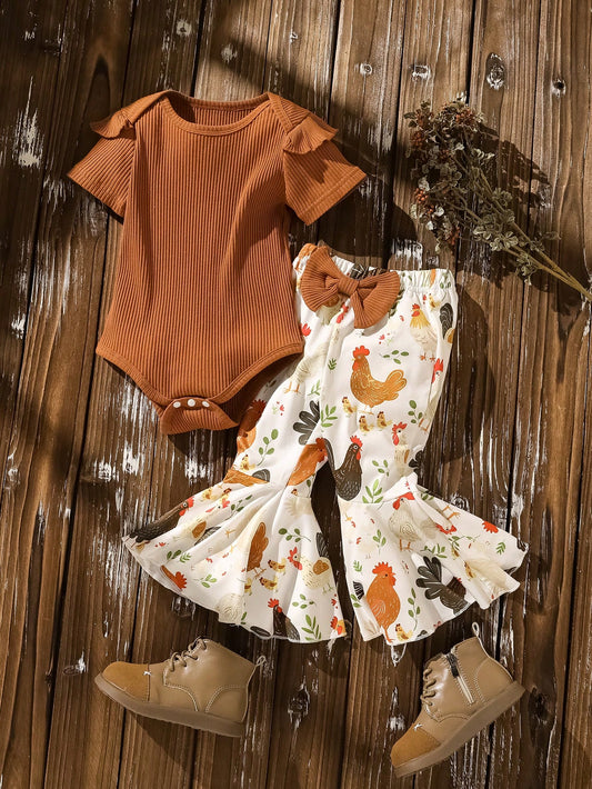 2pcs/Set Baby Girls Casual Everyday Vintage Elegant Cute Funny Watercolor Effect Farm Animal Chicken Print Overall Jumpsui