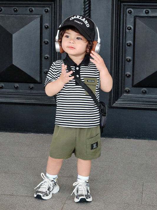 2pcs Baby Kids Short Sleeve Turndown Collar Snap Patch Top And Elastic Waist Shorts Set Multicolor
